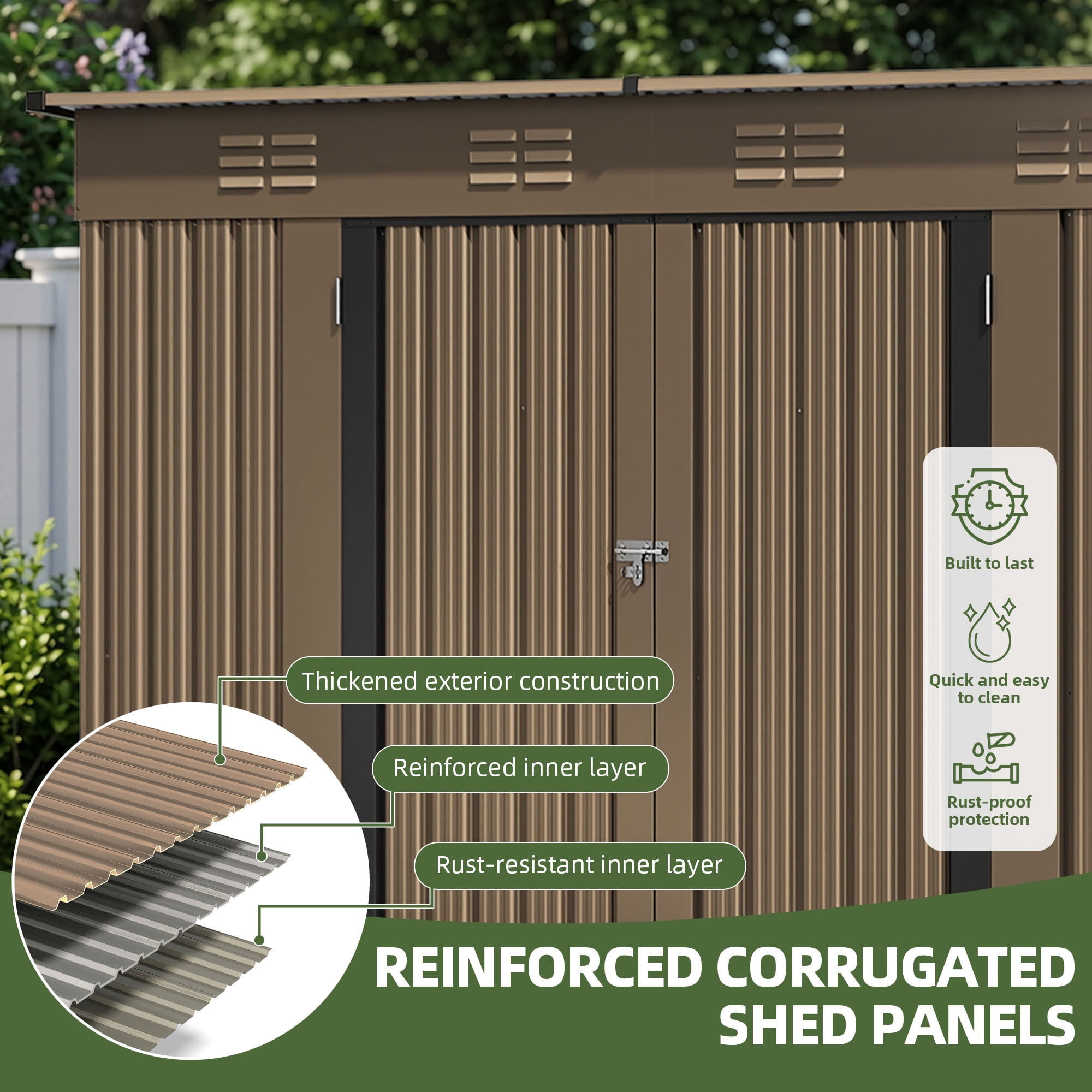 Uforic 9x4ft Metal Outdoor Storage Shed, Heavy Duty Lockable Tool Shed with Vents, for Backyard Patio Lawn Bike Lawn Mower Garden Tools, Brown