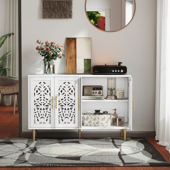 MROJISC White Accent Cabinet,47.8'' Hollow Carving Sideboard Cabinet with 4 Doors for Entryway,Living Room,Bedroom,Dinning Room