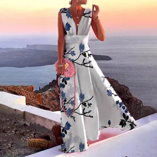 Lenago Robes d'Été Grande Taille pour Femmes Mode Décontractée Été Sans Manches Col en V Robe Imprimée Fermeture Éclair Robe Longue Robes de Plage en Solde