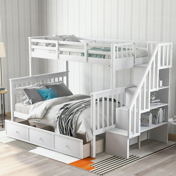 [US IN STOCK] Stairway Twin-Over-Full Bunk Bed with Drawer, Storage and Guard Rail for Bedroom, Dorm, for Adults, White color(OLD SKU :LP000219AAK)