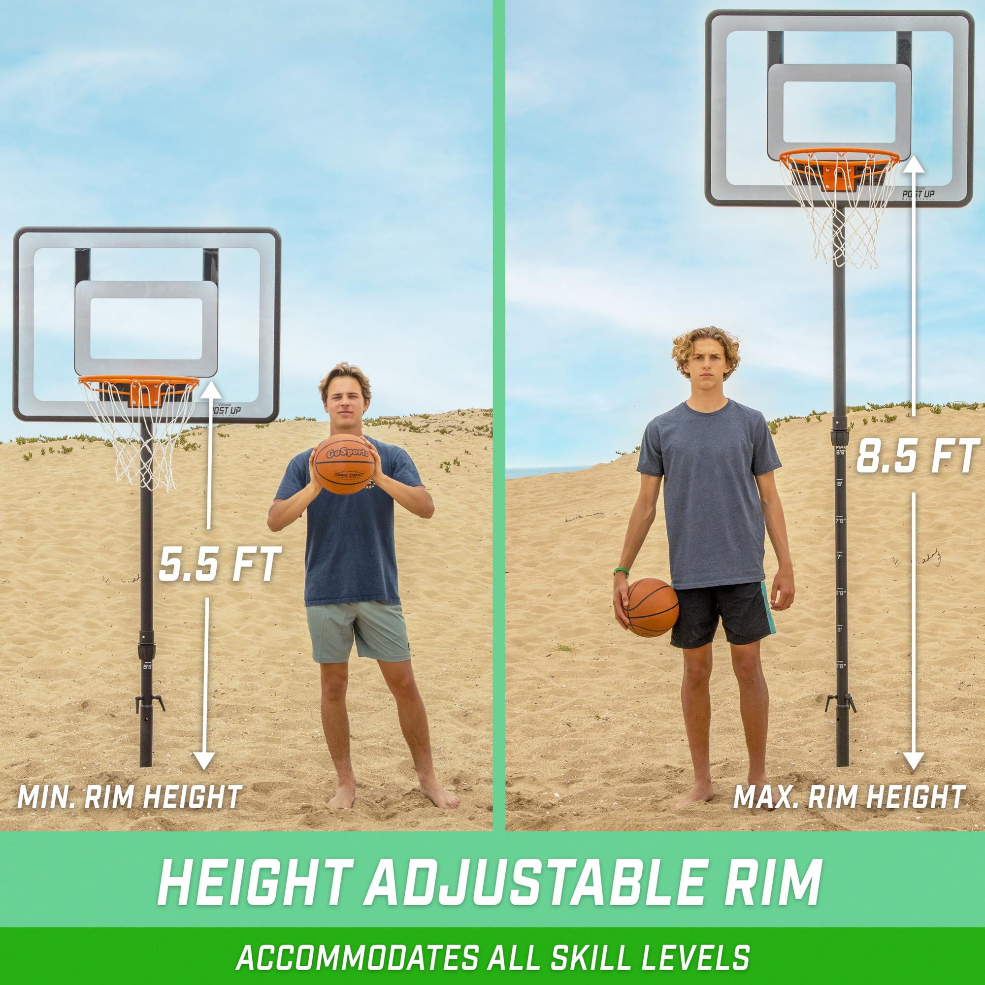 GoSports Post Up Portable Beach Basketball Hoop for Kids and Adults - Play on Grass or Sand - Includes 2 Basketballs, Pump and Accessories Tote