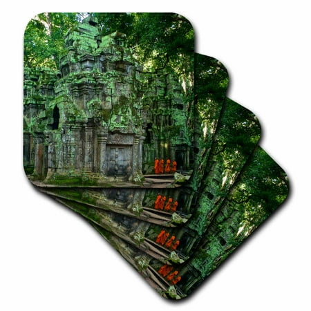 

3dRose Four Orange and Green Theravada Buddhists at Ta Prohm Jungle Temple Soft Coasters set of 8