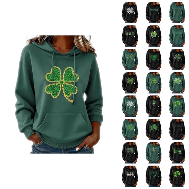 Chandails à Capuchon pour Femmes de la Saint-Patrick 2026 à Manches Longues avec Graphique de Trèfle et Poches