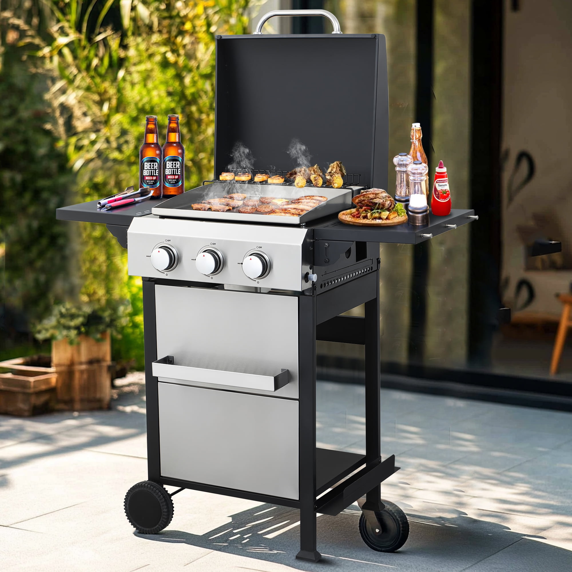 Seizeen 3-Burner Propane Gas Grill, Outdoor 2-IN-1 BBQ Grill & Griddle, Portable Combo Grills Stainless Steel, W/Two Foldable Shelves, Two Cooking Areas, Wheels