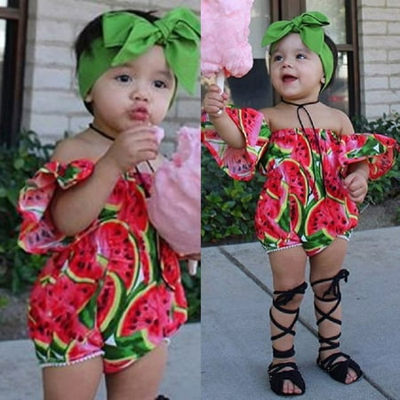 

THE WILD Toddler Girl Boy Off Shoulder Watermelon Tassels Romper Outfits