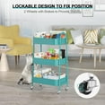thumbnail image 5 of 3 Tier Utility Rolling Cart, Metal Storage Cart with Handle and Lockable Wheels, Multifunctional Storage Organizer Trolley with Mesh Baskets for Kitchen, Living Room, Office, Garage (Turquoise), 5 of 14