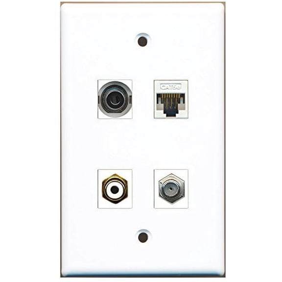 RiteAV - 1 Port RCA White 1 Port Coax Cable TV- F-Type 1 Port 3.5mm 1 Port Cat5e Ethernet White Wall Plate