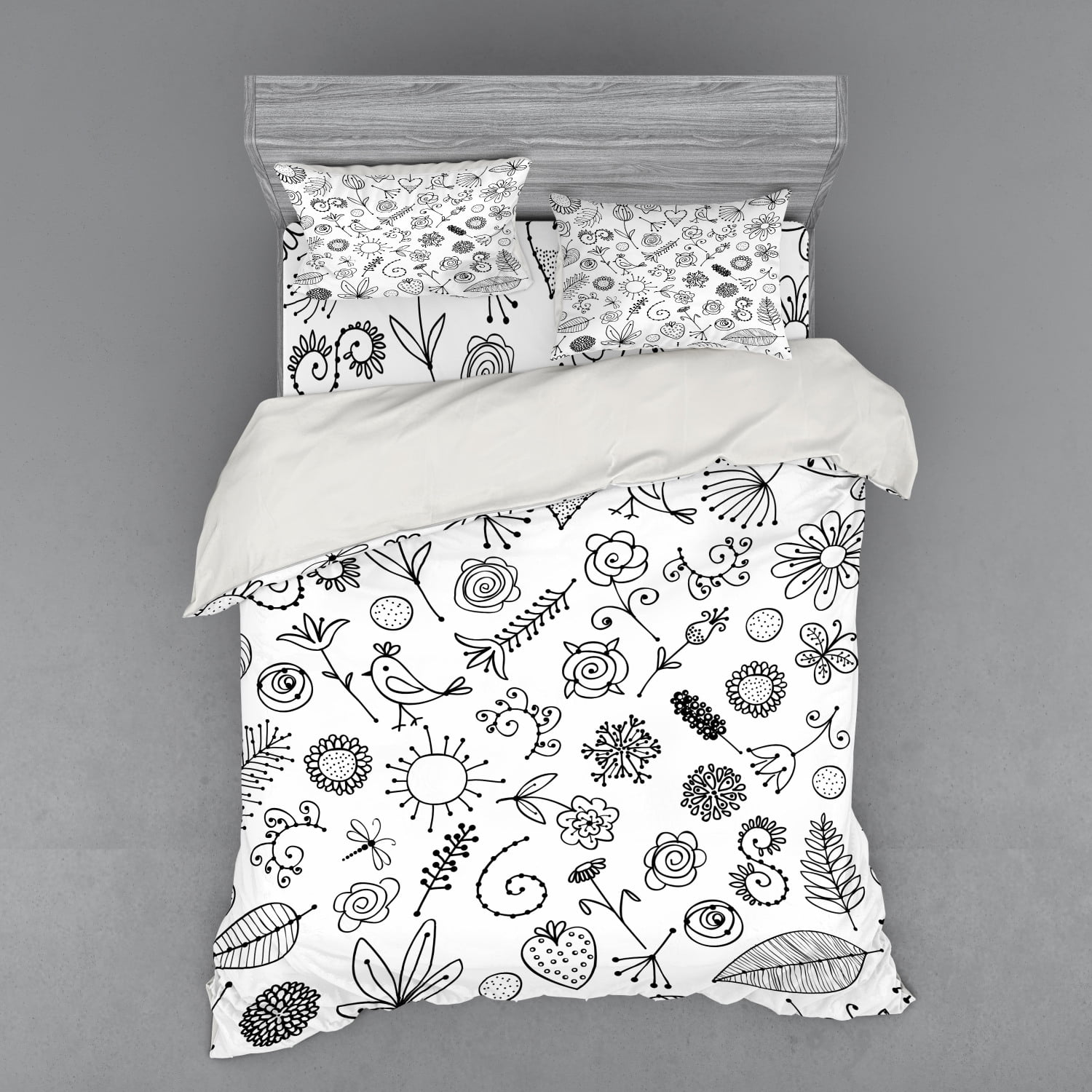 Doodle Duvet Cover Set, Things from Nature in Sketch Form Birds Flowers