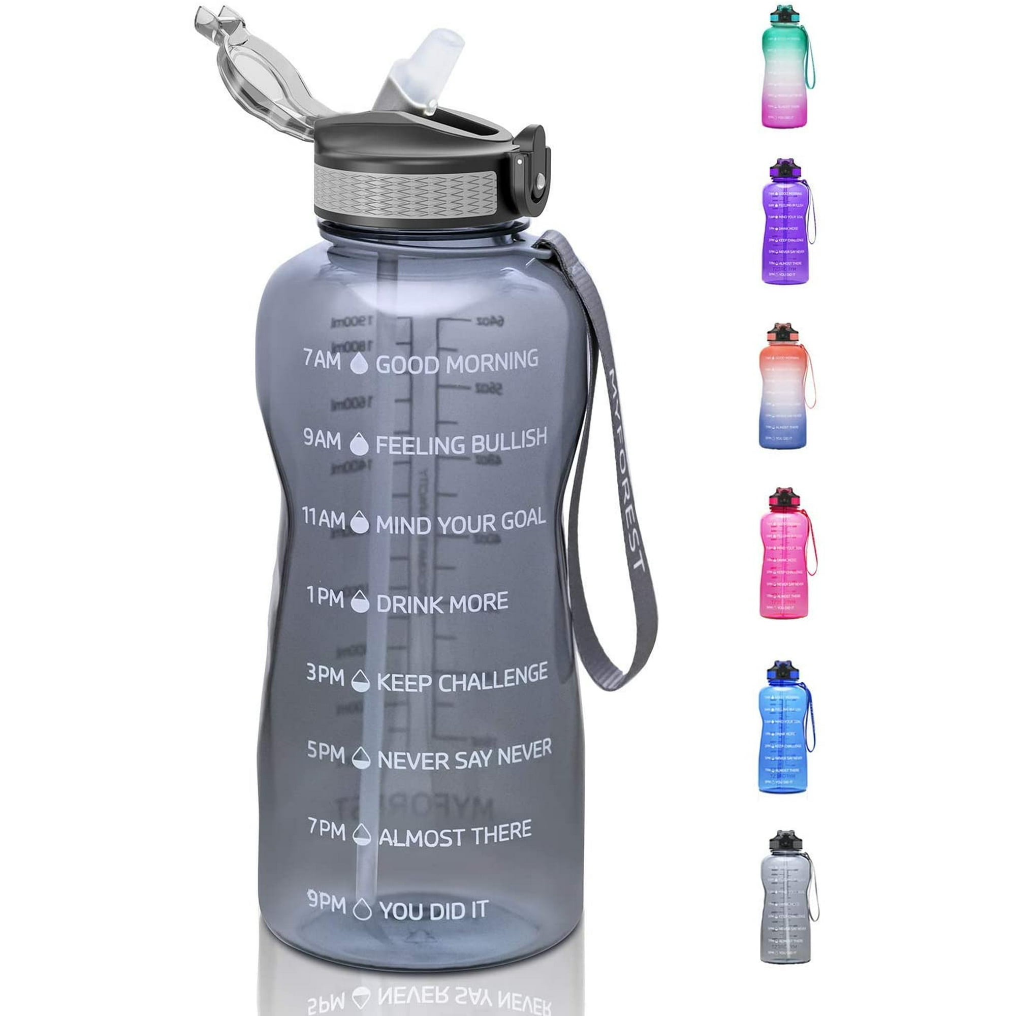 Half Gallon Water Bottle with Straw, 74oz Water Bottle with Time Marker BPA Free Tritan Material, 2.2L Leakproof Water Storage Container GREEN PURPLE