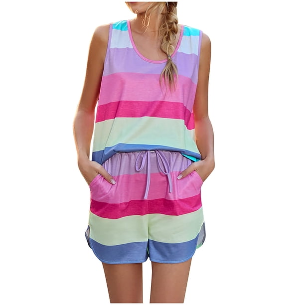 Conjunto de pantalones cortos informales con cuello redondo y cuello redondo sin mangas a rayas de verano para mujer Fridja fhjkhfk459578
