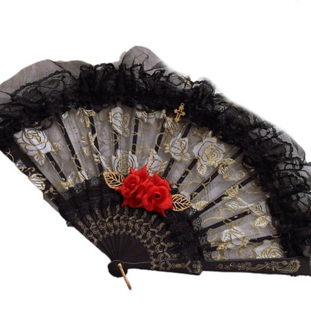 

Elegant Embroidered Flower Rose Pattern Folding Handheld Lace Hand Fan HandCraft
