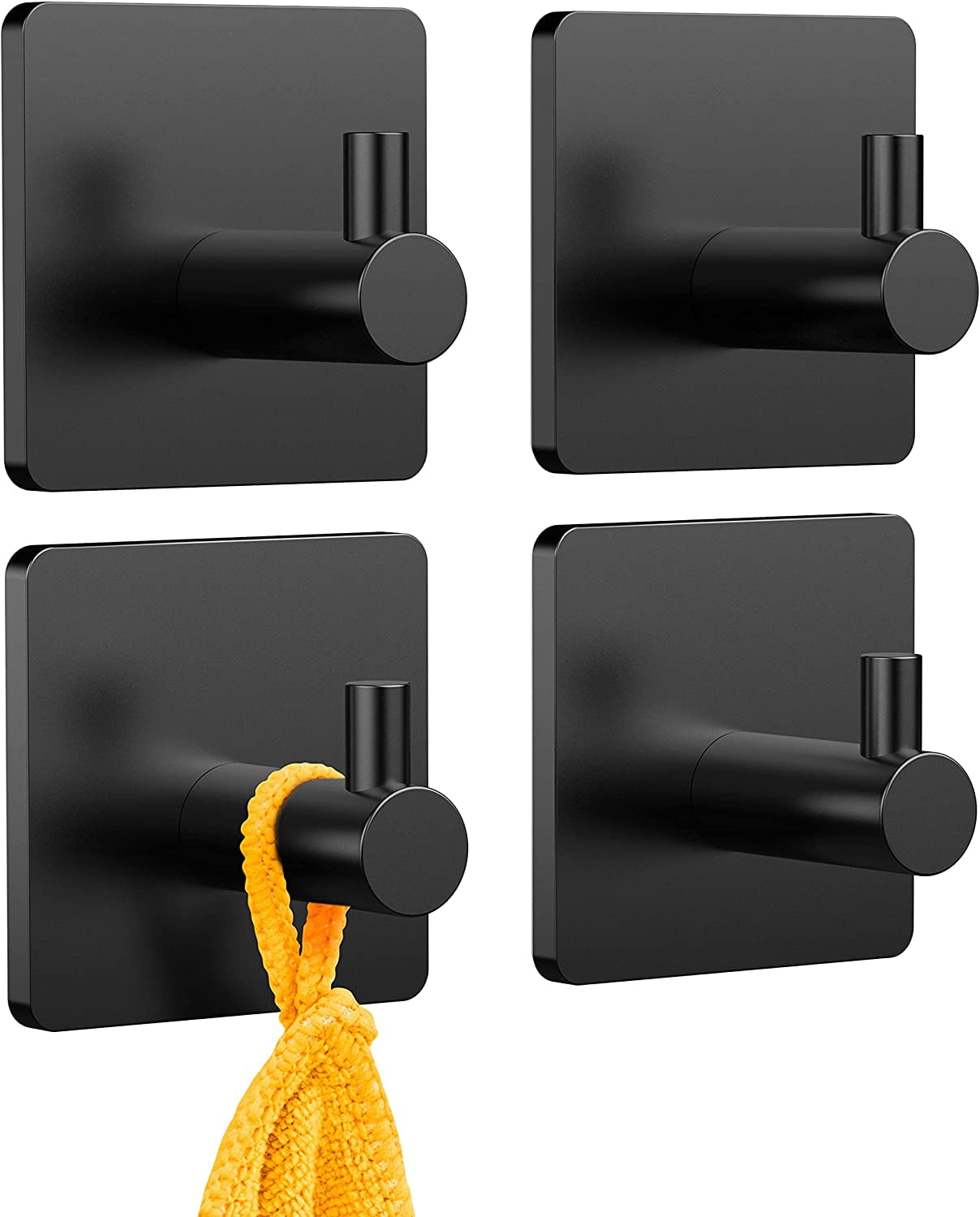 Matte Black Adhesive Hooks Heavy Duty Wall Hooks for Hanging Towel Hooks for Bathroom 4 Hooks