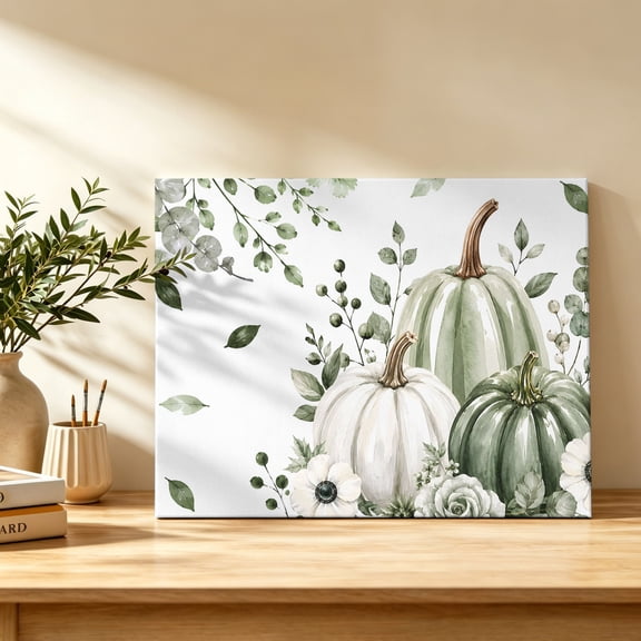 Thanksgiving Canvas Wall Art, Fall Farm Harvest Green Pumpkin Flowers Berry Leaf Wall Art Prints Artwork Framed Canvas Ready to Hang Art Pictures for Bathroom, Dressing Table, Entryway 12" x 8"