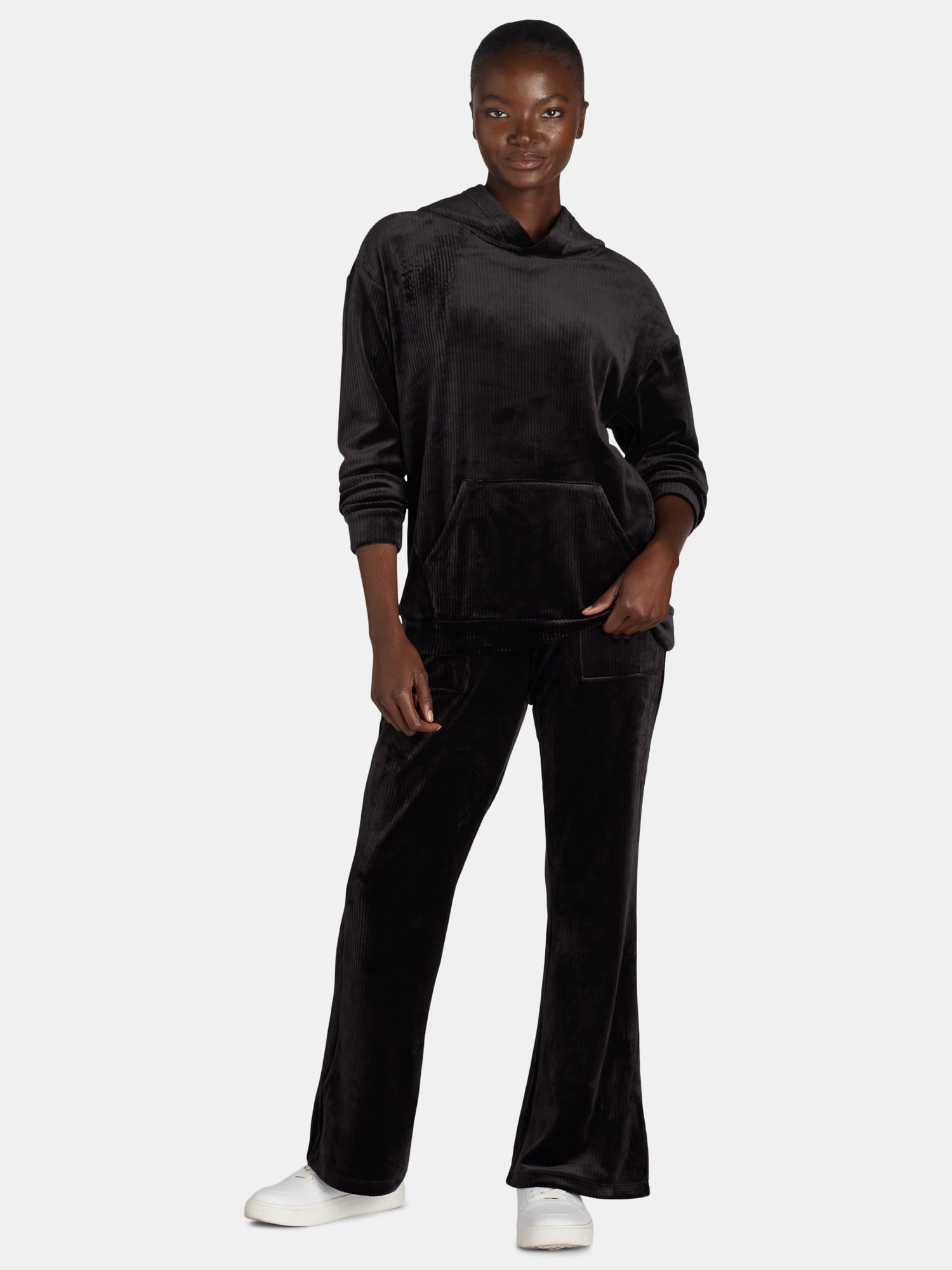 Time and Tru's Women’s Ribbed Velour Hoodie Sweatshirt, Sizes S-XXXL