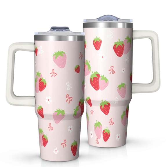 30 oz Strawberry Tumbler with Handle and Straw Lid Double Wall Vacuum Drinks Hot or Cold Water Bottle Reusable Stainless Steel Travel Mug Gift for Women