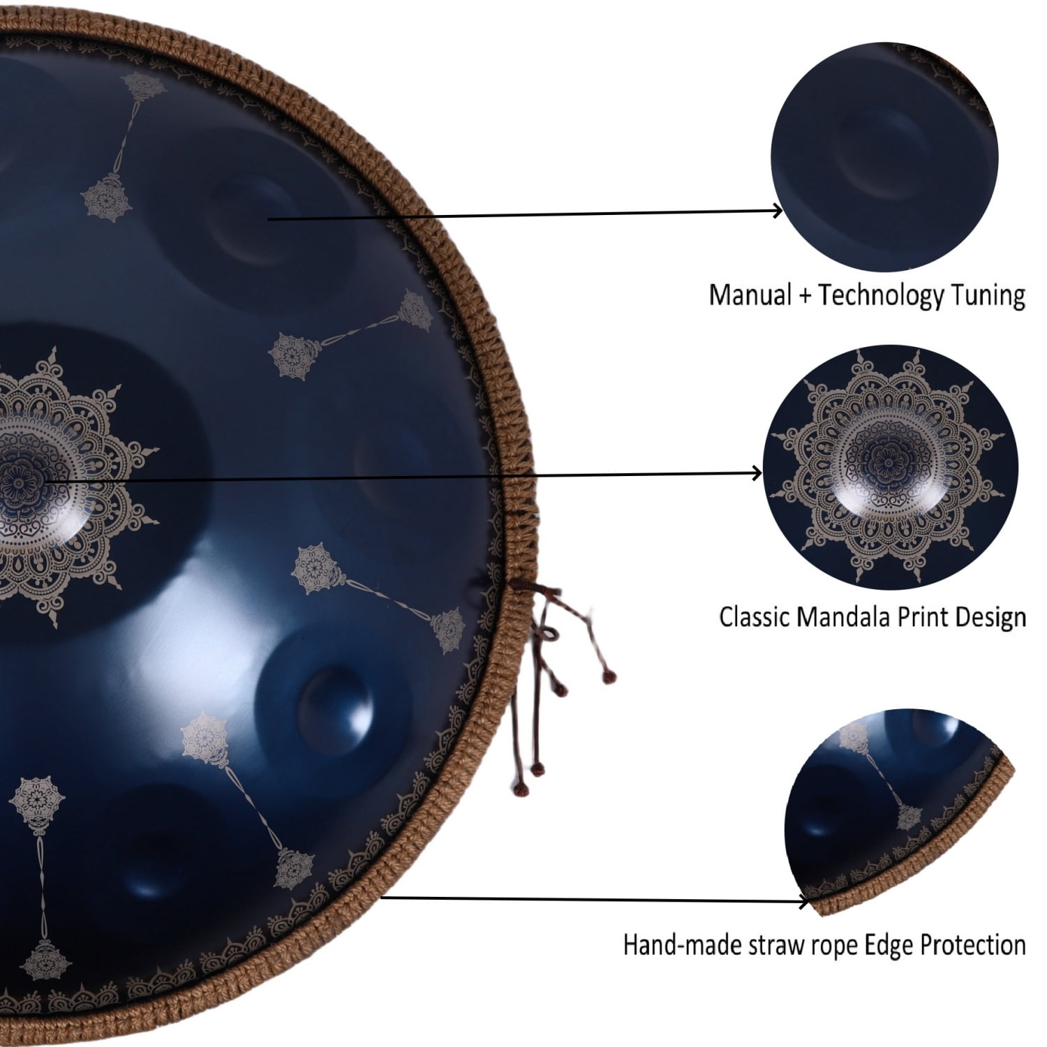 440HZ Tambourine Drum in D Minor 22Inch Blue 10 Notes Mandala Handpan Drum with Soft Hand Pan Bag