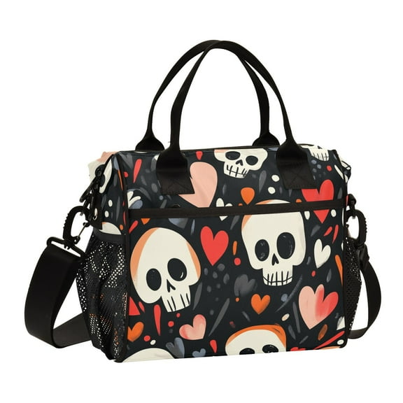 Ckdifva Skulls and Hearts Cooler Bag Cooler Cooling Tote Lunch Bag Lunch Box Front Pocket with Shoulder Strap