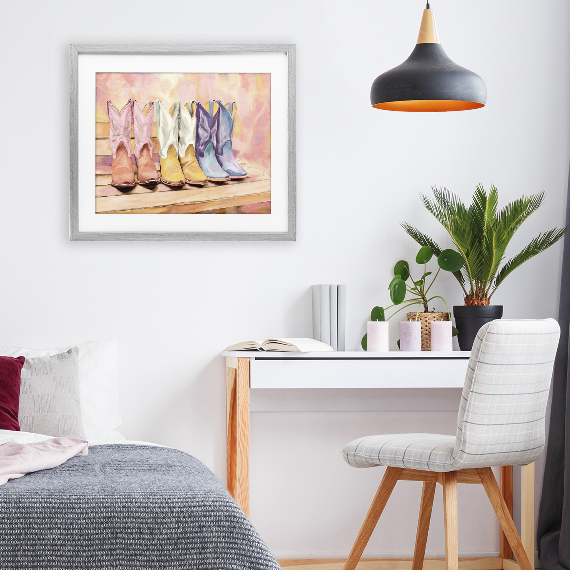 Painted Boots Trio Gray Framed Print Under Glass, design by Kim Allen