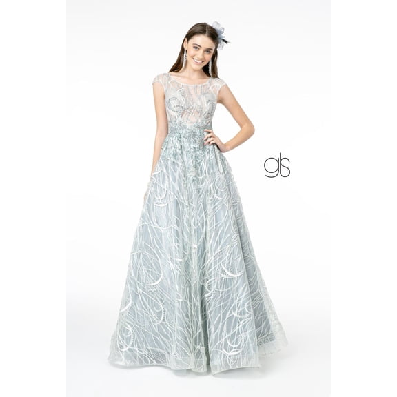 Women's Elizabeth K Embroidered Cap Sleeve Gown Gl2890 Silver Size L