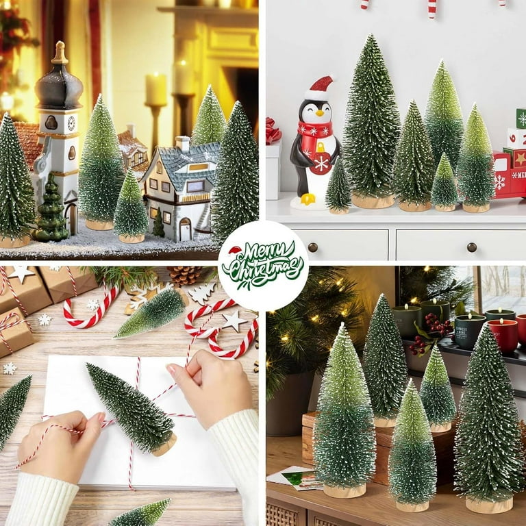6 Pcs Small Christmas Trees Bottle Brush Decorations - 6 Sizes (4" To 9.8"), Wooden Base, Snow Accents, For Tabletop & DIY Crafts
