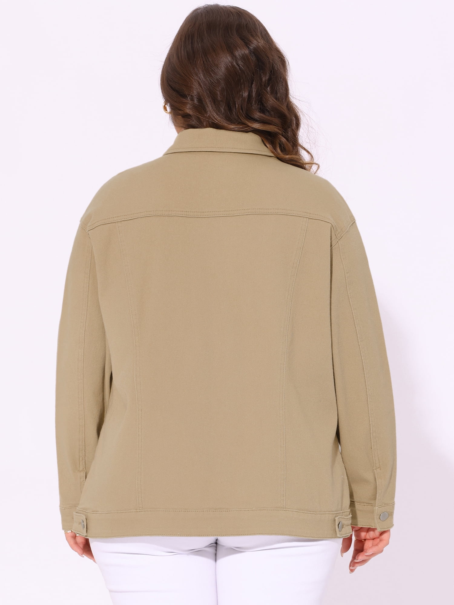 DARING DIVA Women's Plus Size Long Sleeve Button Front Washed Denim Jacket 1X Khaki