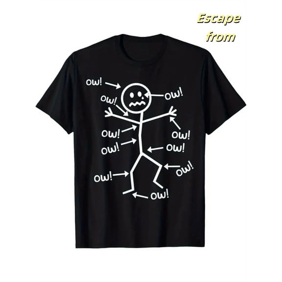 Men'S Plus Size Vintage Black T-Shirt | Black 'Ouch Stick Figure' Print, Casual Crewneck, Soft & Comfortable, Perfect for Outdoor Activities, Travel, and Fitness, All-season, Regular Fit