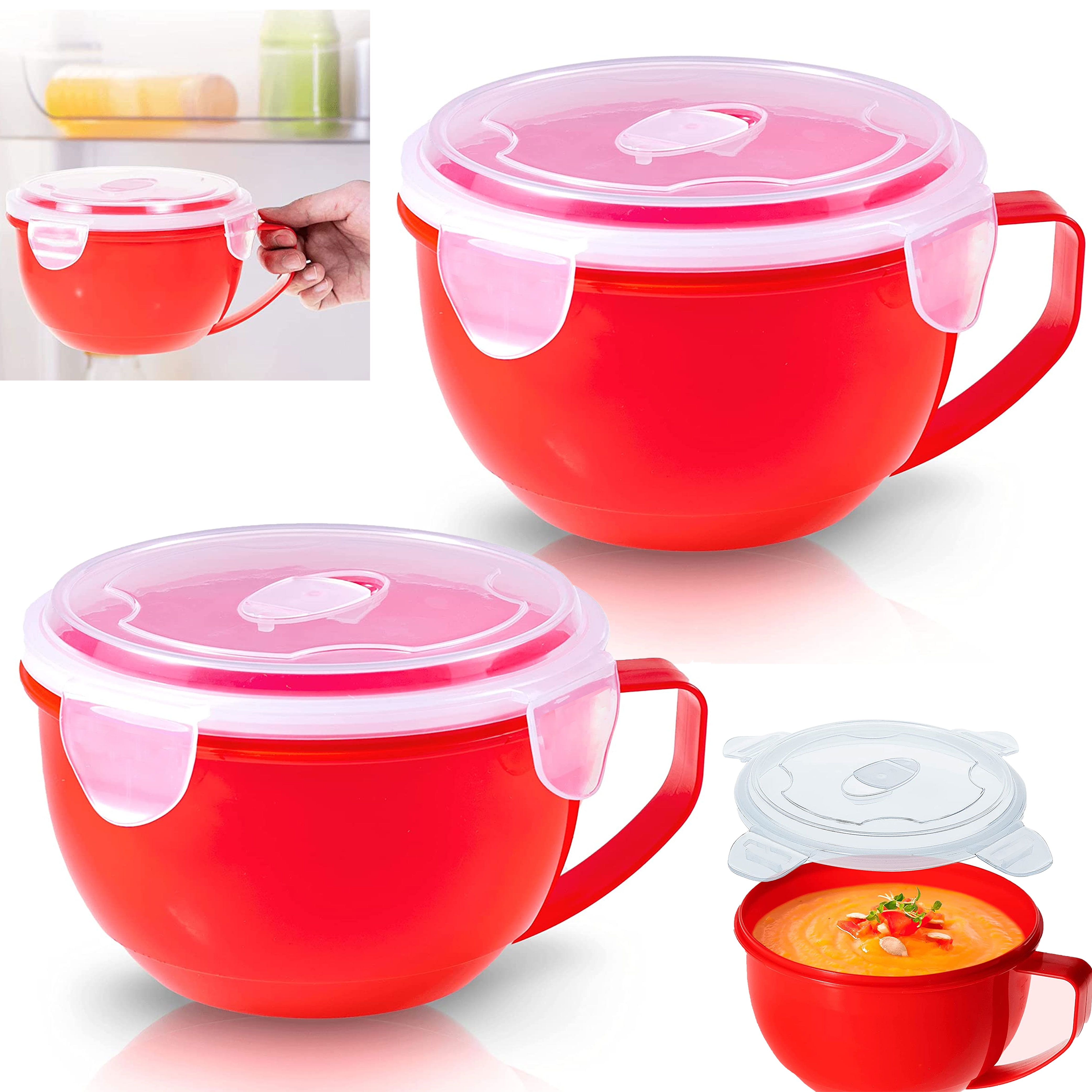 2 Pc 940mL Microwaveable Plastic Food Container Bowl Lunch Soup Handle With Lid