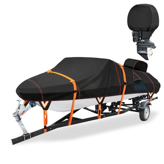 Unique Bargains Waterproof Boat Cover with Motor Cover, Marine Canvas Trailerable Boat Cover 23-24ft for 23 feet 24' Foot V-Hull Bass Boat Tri-Hull, Black