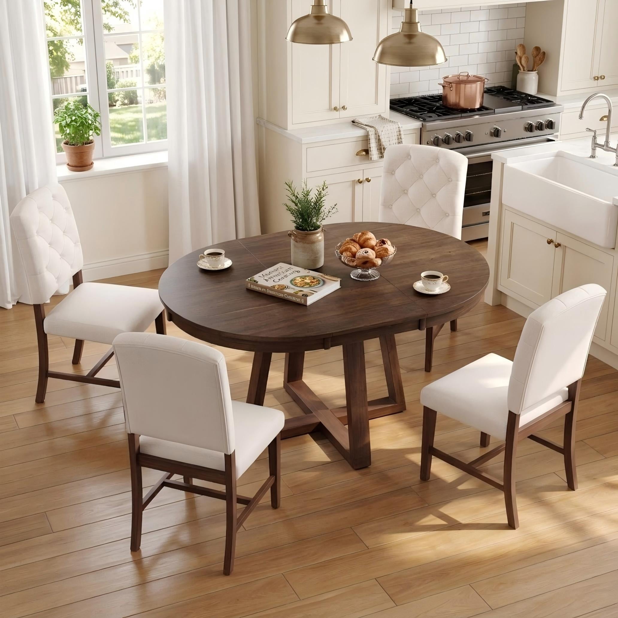 Aukfa 5-Piece Extendable Dining Table Set with 4 Upholstered Chairs, 42"-58" Round Kitchen Table & Tufted Chairs, Walnut
