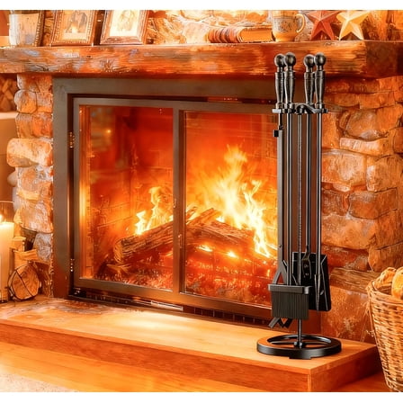 YANGLI 5-Piece Wrought Iron Fireplace Tool Set, 31 Inches, Black