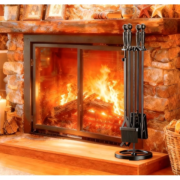 YANGLI 5-Piece Wrought Iron Fireplace Tool Set, 31 Inches, Black