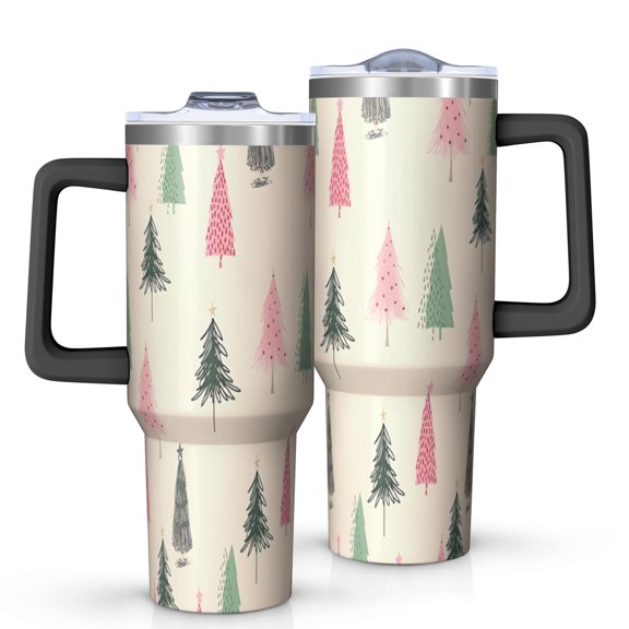 Beige Christmas Tree Pattern Tumbler with Handle and Lid,40oz Double Wall Vacuum Insulated Tumbler,Cups Gift for Women and Men