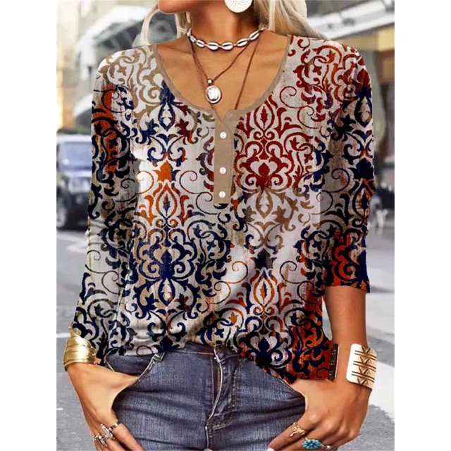 Camiseta Vintage con estampado de flores geométricas para mujer, blusa holgada elegante con botones y cuello en U para oficina, camisetas de moda para mujer para Otoño e Invierno
