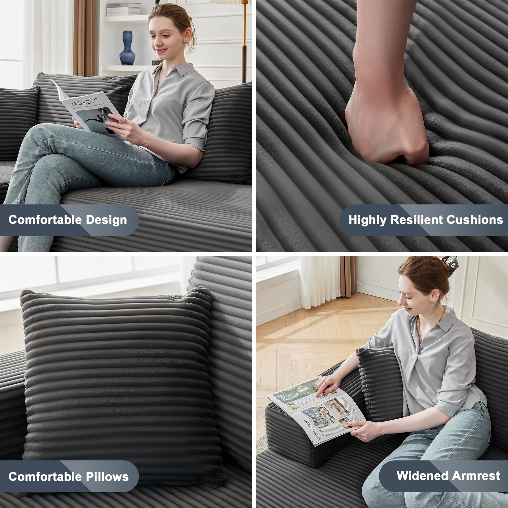 Aukfa 104" Cloud Sectional Sofa Modular Boneless Couch for Living Room, 5 Pillows, Corduroy, Gray