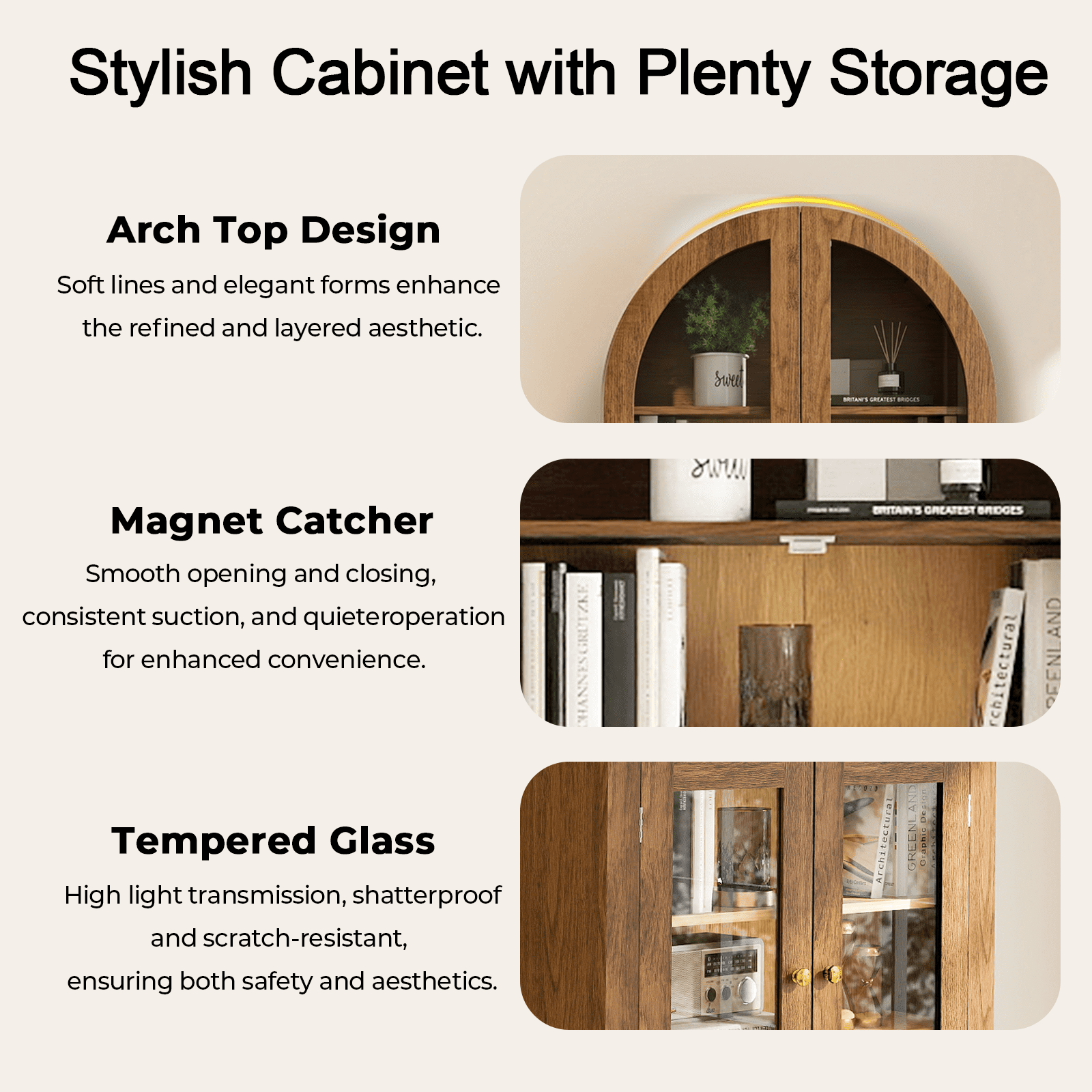 Flictozena Wall Mounted Arched Medicine Cabinet, Bathroom Storage Cabinet with Glass Doors and Adjustable Shelves, Over The Toilet Floating Cabinet for Small Spaces, Brown