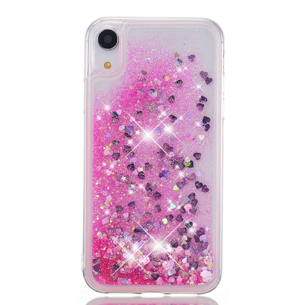 For iPhone Xr 6.1" Pink Floating Hearts Liquid Waterfall Sparkle