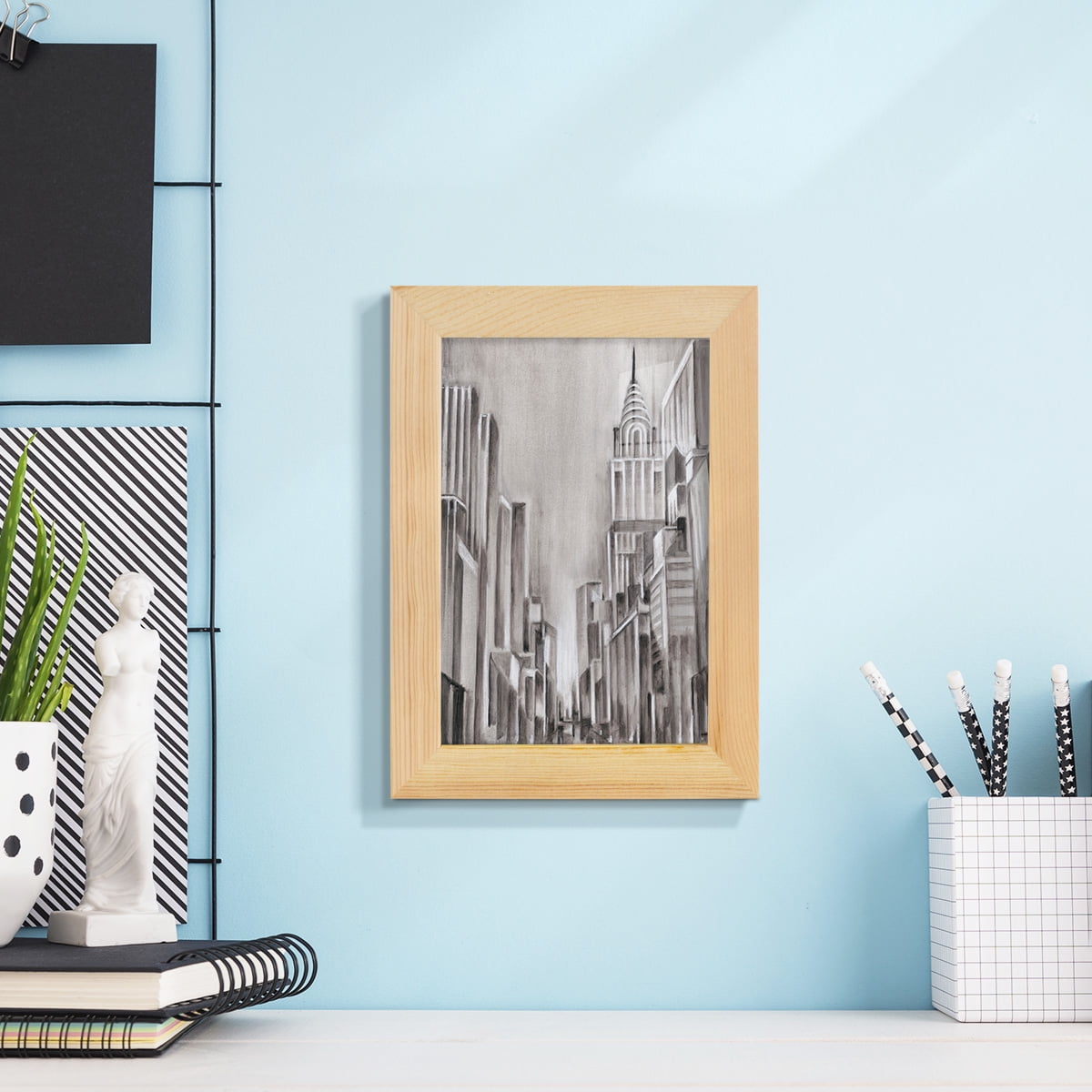 Art Deco Cityscape I -Framed Print w/glass-Natural Wood