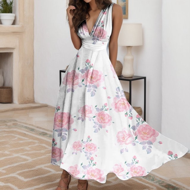 WILLBEST Vestido Lino De Verano Para Mujer, Moderno Y Belleza, Con Estampado De Flores Vintage, Escote En V, Cintura Sin Mangas, Vestido Informal Para Vacaciones En La Playa