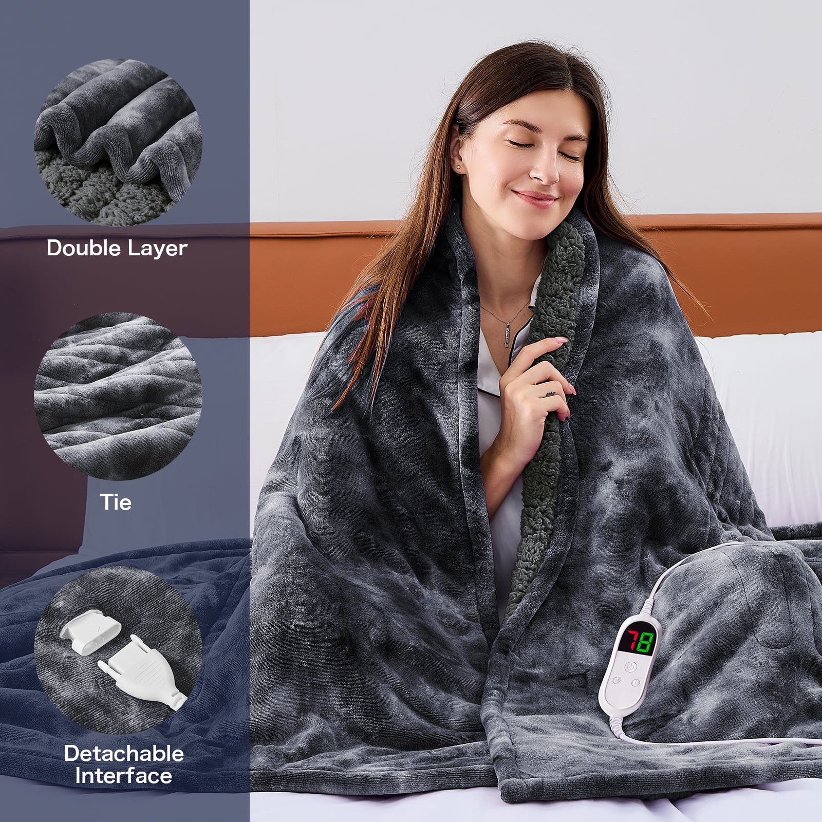 PMONPA Electric Heated Blanket, 51"x61" Heating Blanket for Adult, Soft Flannel & Sherpa, 10 Heating Levels & 1-8 Hours Auto off, Gray