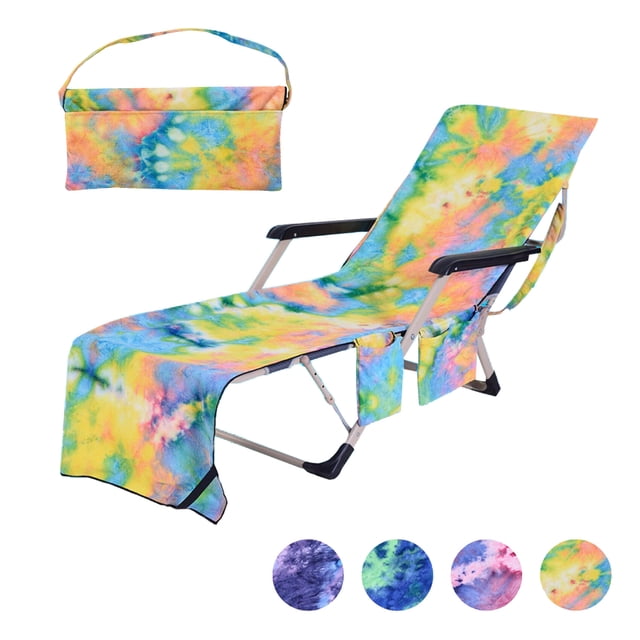 Cubre sillas de playa con diseño tie-dye en microfibra suave y absorbente, fácil de transportar y con bolsillos laterales prácticos, color amarillo vibrante, peso ligero de 600g.