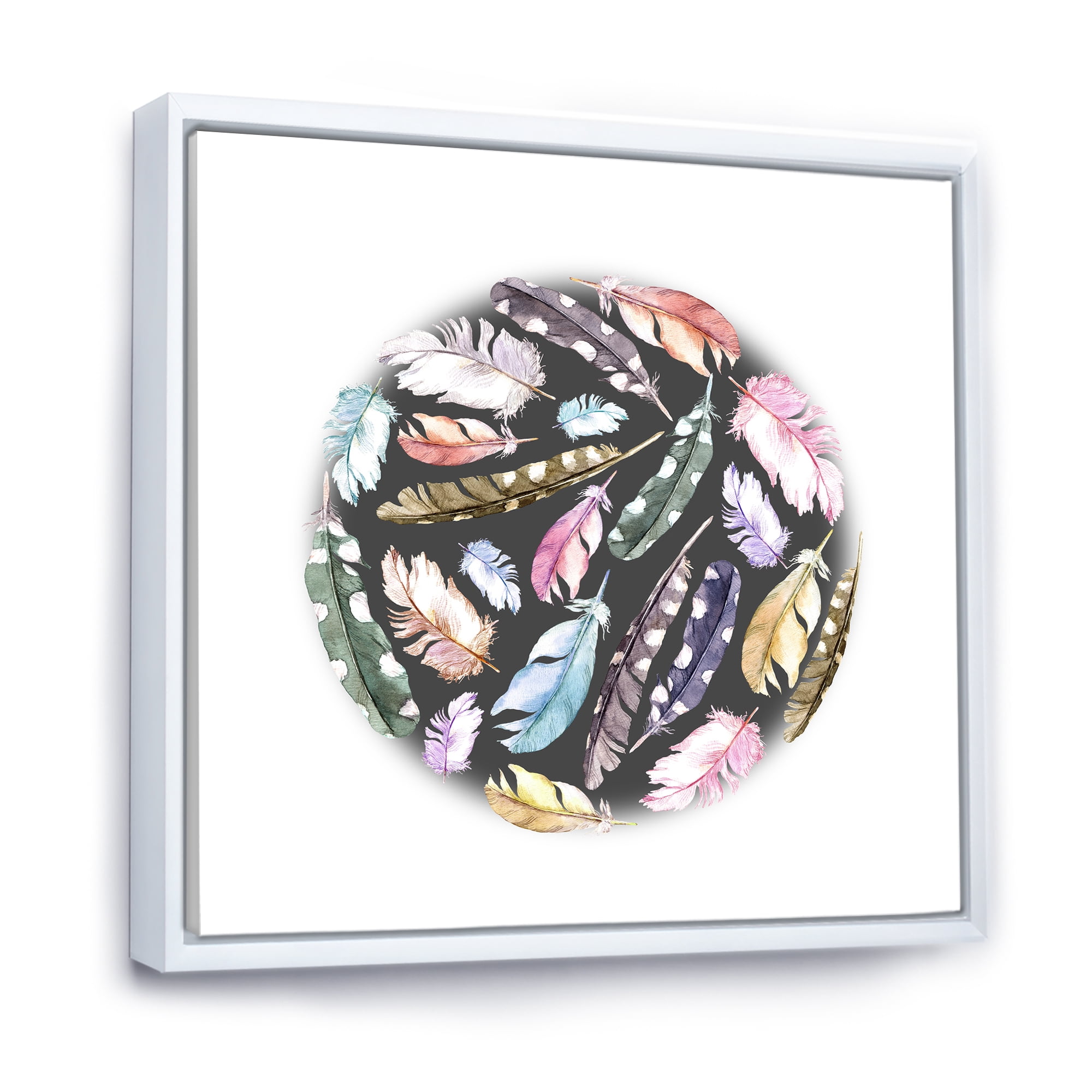 Designart 'Colorful Boho Feathers In Circle Shape' Bohemian & Eclectic Framed Canvas Wall Art Print