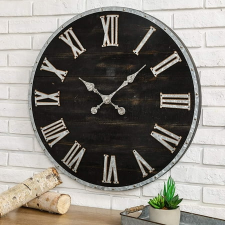 CeXuanTer28 Inches Huge Wall Clock Chic Distressed Black Clock Antique Rustic Wooden Clock Silent Non-Ticking Battery Operated Roman Numerals for Office Living Room Farmhouse Kitchen Decor