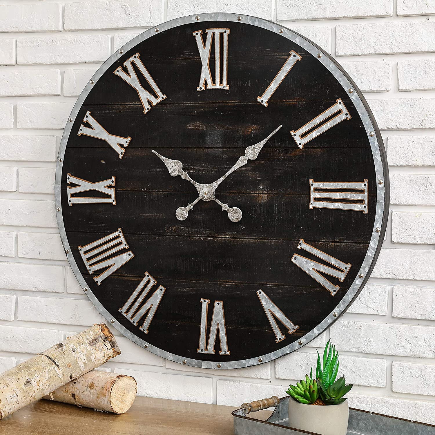 CeXuanTer28 Inches Huge Wall Clock Chic Distressed Black Clock Antique Rustic Wooden Clock Silent Non-Ticking Battery Operated Roman Numerals for Office Living Room Farmhouse Kitchen Decor