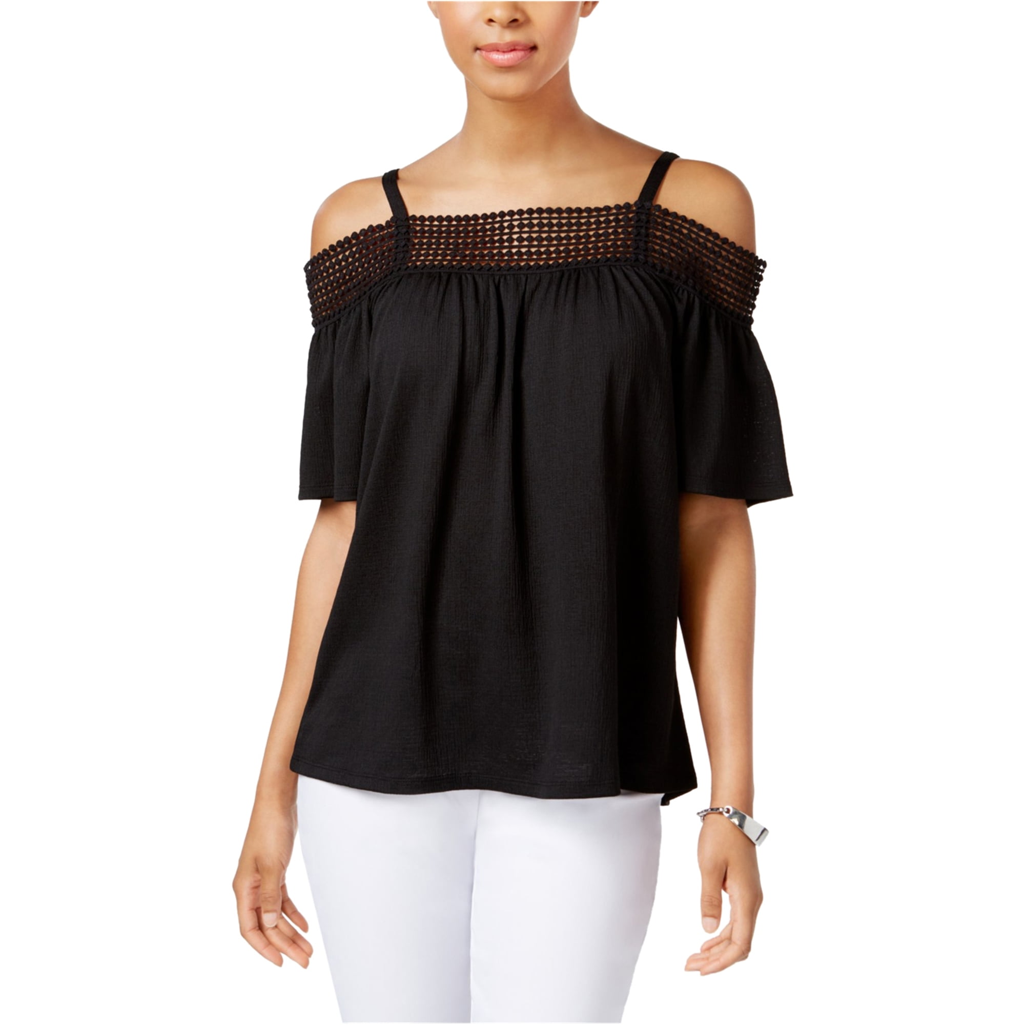 Cable & Gauge Womens Crochet ColdShoulder Pullover Blouse, Black, Large