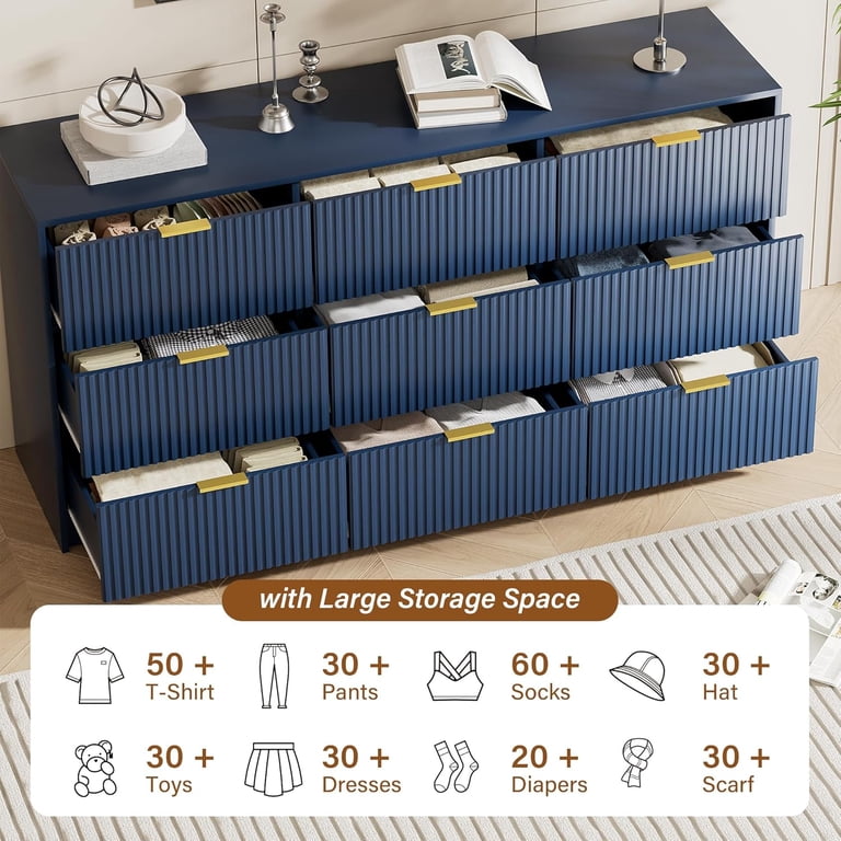 Furniway Blue 9 Drawer Dresser Fluted Modern Wide Chest Gold Handles Storage Cabinet for Bedroom Living Room Entryway