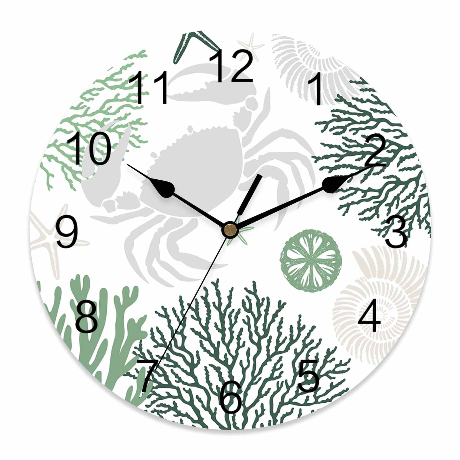 Wall Clock Green Crab Clocks PVC Silent Non Ticking Battery Operated Decorative Coral Starfish