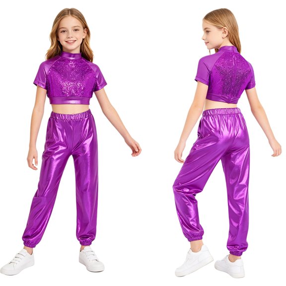 Aislor Girls Jazz Dance Outfit Mock Neck Short Sleeve Sequins Metallic Back Invisible Zipper Crop Top with Pants Purple 6