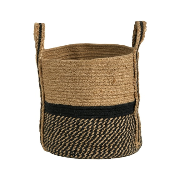 Nearly Natural 13" Boho Chic Basket Natural Jute Basket Planter, Black Bottom Natural Top with Handles