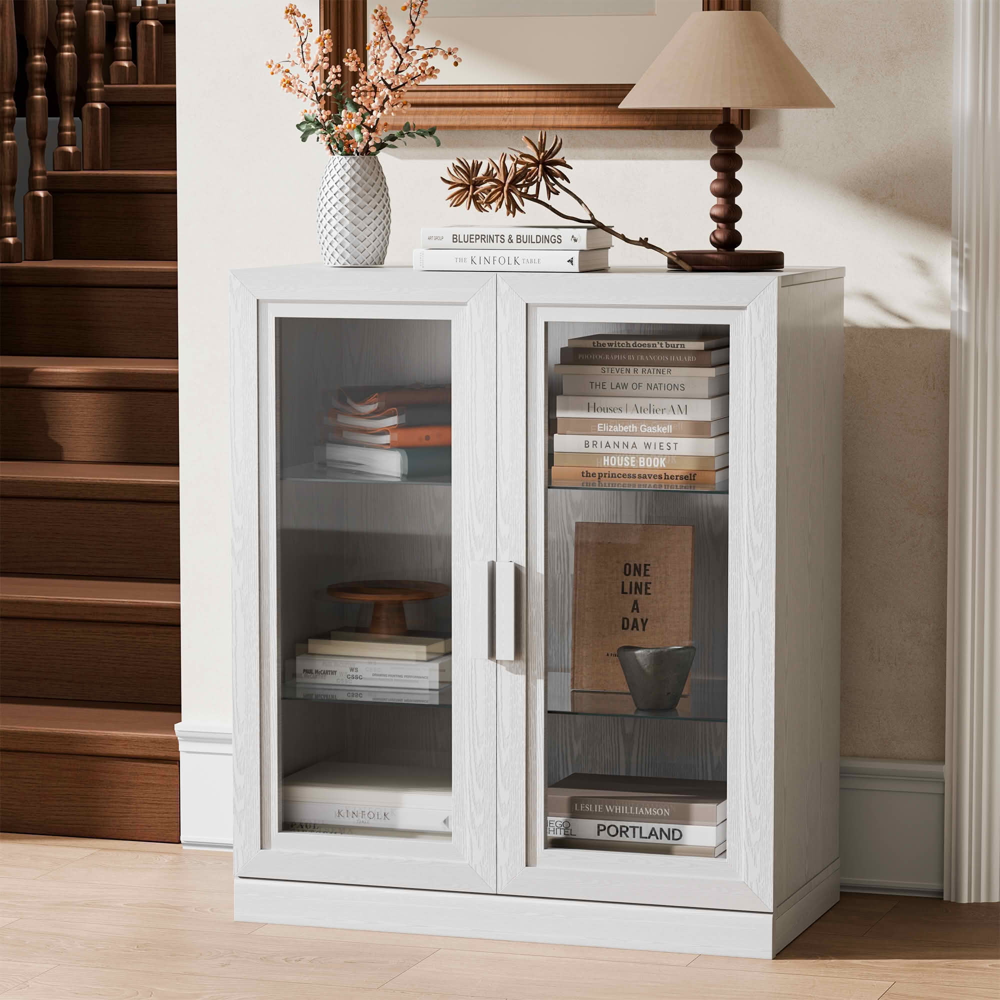 MAYEERTY 36x31x16 Inch White Wood Grain Storage Cabinet with Glass Door for Living Room
