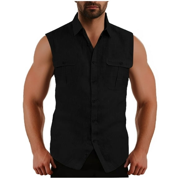 Elvqul Shirts Men Solid Lapel Button up Cotton Linen Sleeveless Black Lightweight with Pocket Casual Shirts